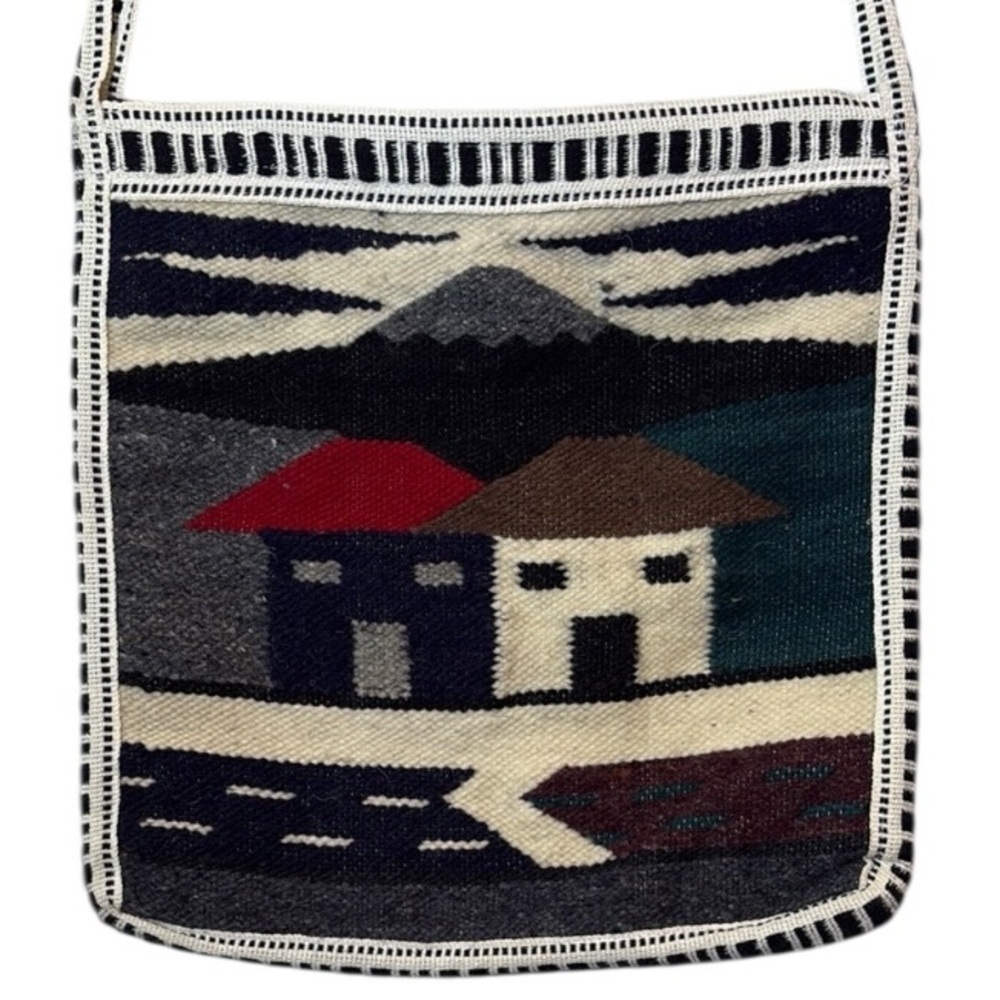 Boho Burlap Black and White Crossbody Bag with Geometric Design